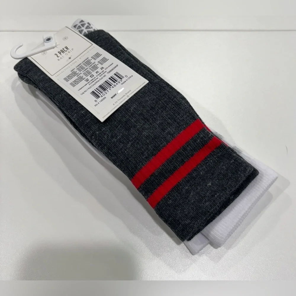Tavi Kai Grip Socks 2 Pack Grey and Red White NWT Crew Stripe Non-Slip Medium